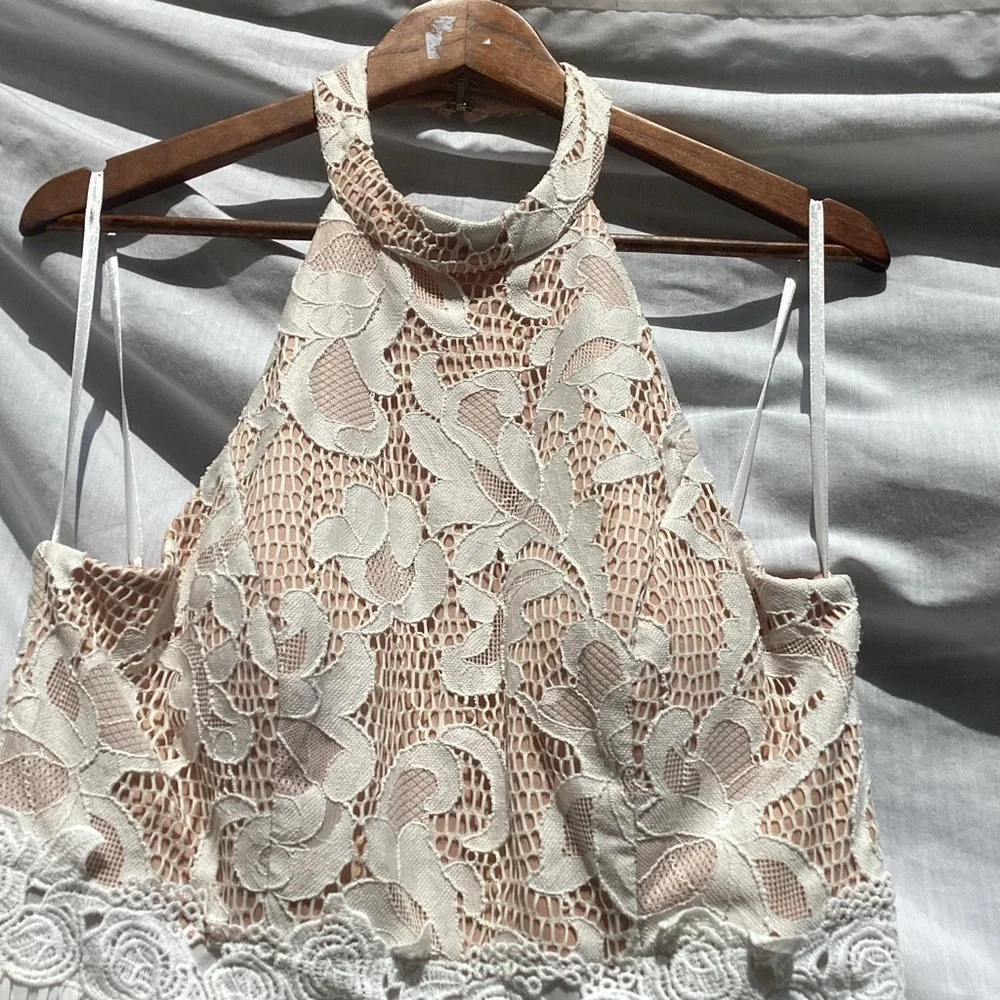 Jodi Kristopher tan and off white lace formal dress, size 15 - Picture 5 of 10